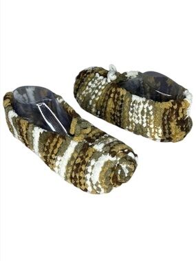 HAND Knit Chenille Slippers Green Brown Mix Thick Soft Cozy Size Large 7-9